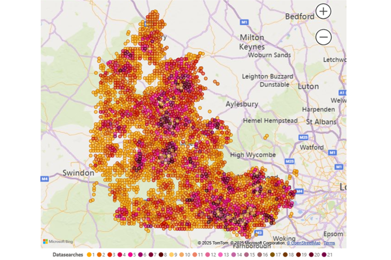 A map of Berkshire and Oxfordshire region is overlaid with numerous colored dots representing the location and number of data searches. 