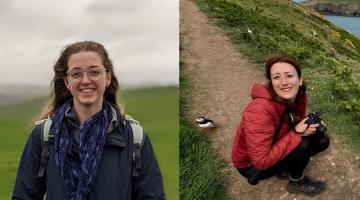 "A side-by-side collage of a person outdoors. On the left, they stand on a grassy landscape wearing a blue jacket, patterned scarf, and backpack straps. On the right, they crouch on a dirt path near coastal cliffs, wearing a red jacket and holding a camera. A puffin stands nearby, with more puffins visible in the background along the grassy slope leading to the sea